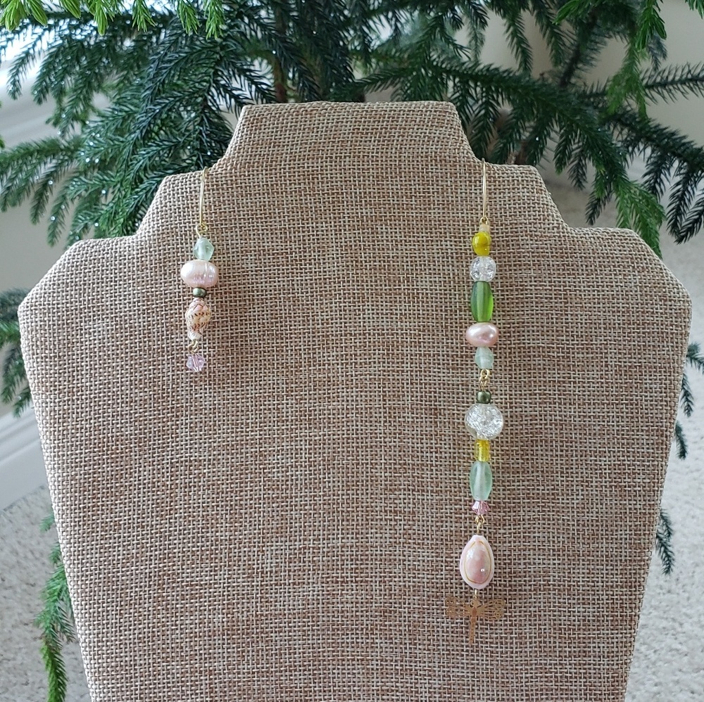 Beach Puka, Pearl and Glass Asymmetrical Earrings